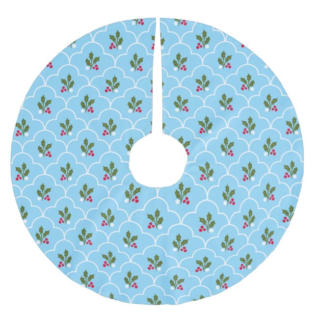 Blue and White Scallop Holly Berry Weihnachten Polyester Weihnachtsbaumdecke (Vorderseite)