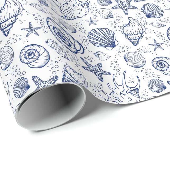 Blue and White Seashell Geschenkpapier (Rolleneckpunkt)