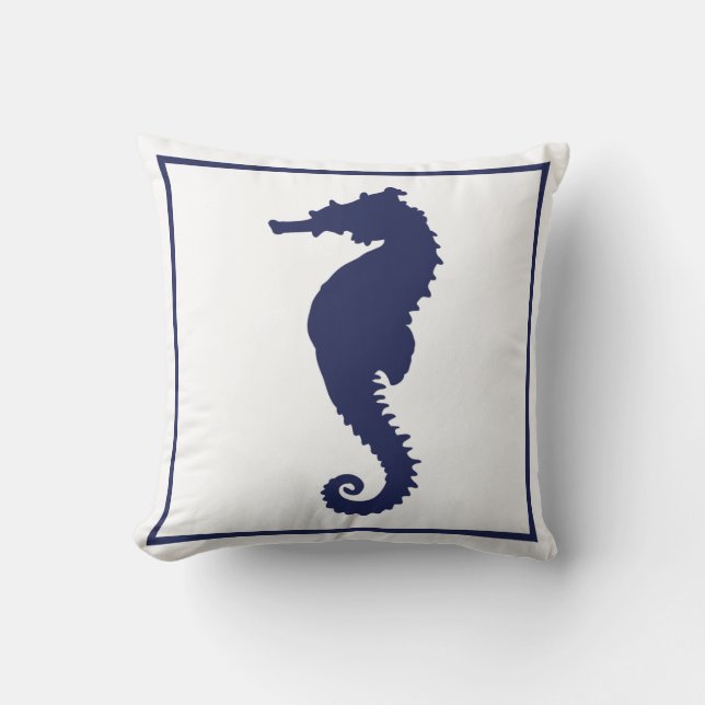 Blue and White Seepferd Coastal Nautical Beach Tha Kissen (Vorderseite)