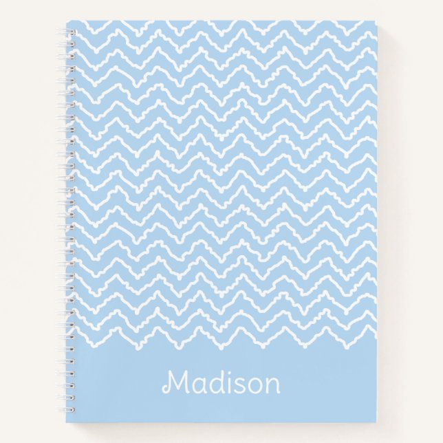 Blue And White Squiggly Chevron Zigzag With Name Notizbuch (Vorderseite)