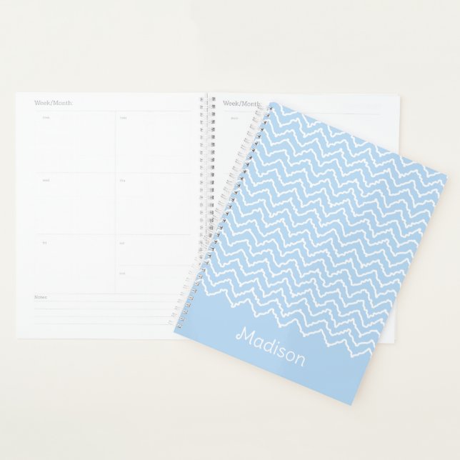 Blue And White Squiggly Chevron Zigzag With Name Planer (Anzeige)