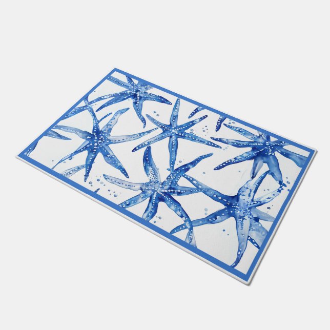 Blue and White Starfish Doormat Fußmatte (Schrägansicht)