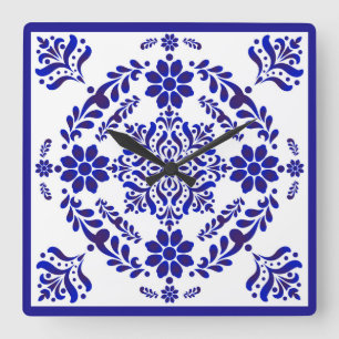 Blue and White Talavera Drei Quadrate Quadratische Wanduhr