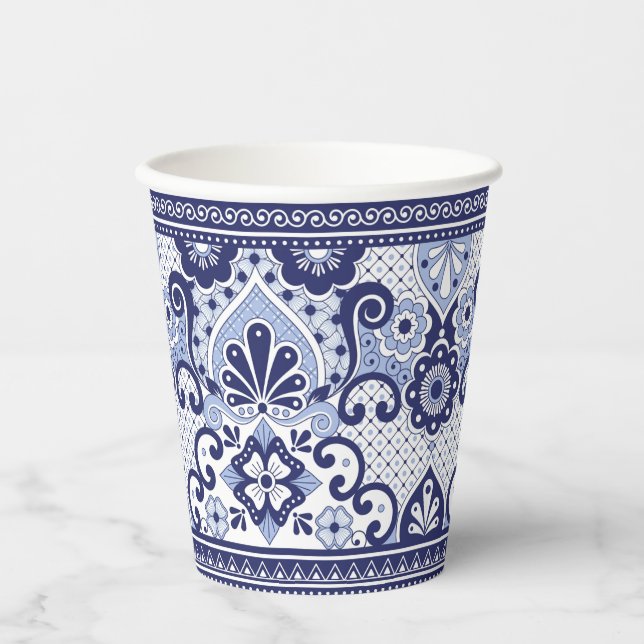 Blue and White Talavera Mexican Folk Art Tasse Pappbecher (Vorderseite)