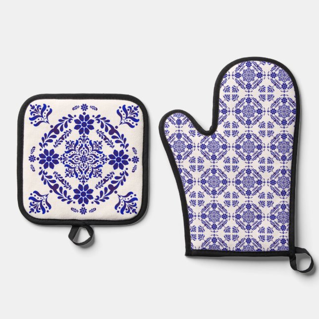 Blue and White Talavera Three Ofenhandschuh & Topflappen-Set (Vorderseite)