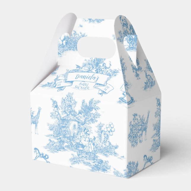 Blue and White Toile de Jouy Baby Dusche Geschenkschachtel (Vorderseite)