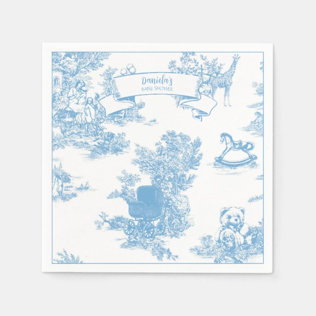 Blue and White Toile de Jouy Baby Dusche Serviette (Vorderseite)