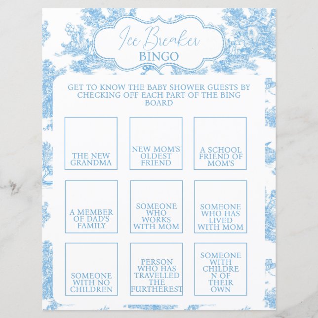 Blue and White Toile de Jouy Baby Shower Bingo (Vorderseite)