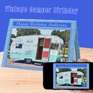 Blue and White Vintag Camper Happy Birthday Karte