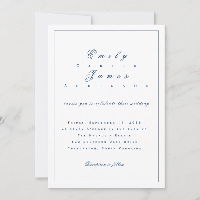 Blue and White Wedding Invitation Einladung (Vorderseite)