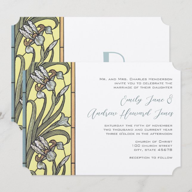 Blue and Yellow Art Deco Iris Hochzeit Einladung (Vorne/Hinten)