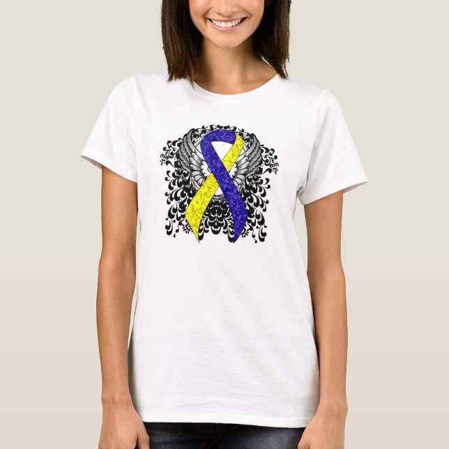 Blue and Yellow Awareness Ribbon with Wings T-Shirt (Vorderseite)