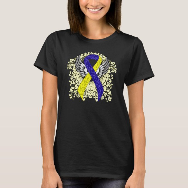 Blue and Yellow Awareness Ribbon with Wings T-Shirt (Vorderseite)