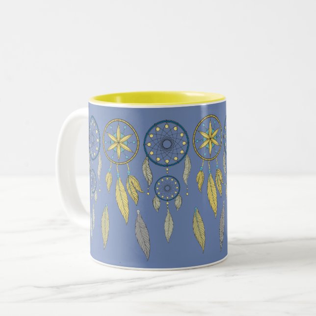 Blue and Yellow Dream Catchers Zweifarbige Tasse (Vorderseite Links)