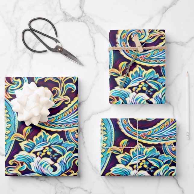 Blue and Yellow Dream Vintag Paisley Geschenkpapier Set (Vorderseite)