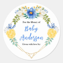 Blue and Yellow Floral Baby Shower Bookplate Runder Aufkleber