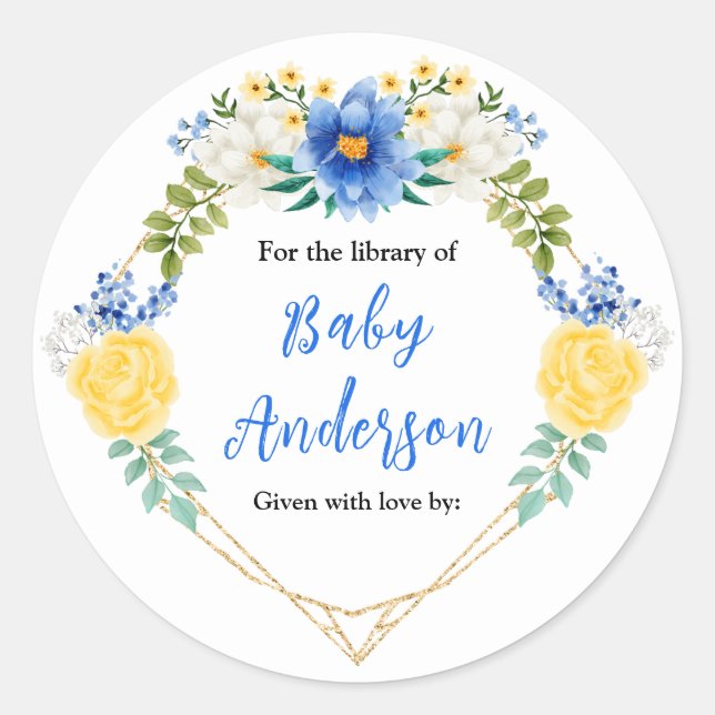 Blue and Yellow Floral Baby Shower Bookplate Runder Aufkleber (Vorderseite)