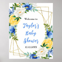 Blue and Yellow Floral Baby Shower Welcome Sign Poster