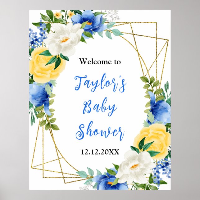 Blue and Yellow Floral Baby Shower Welcome Sign Poster (Vorne)