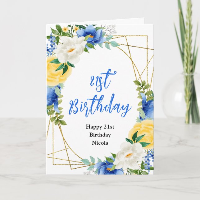Blue and Yellow Floral Birthday Karte (Vorderseite)