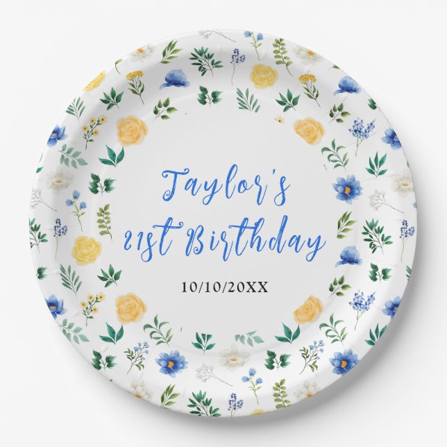 Blue and Yellow Floral Birthday Pappteller (Vorderseite)