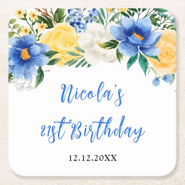 Blue and Yellow Floral Birthday Rechteckiger Pappuntersetzer (Vorderseite)