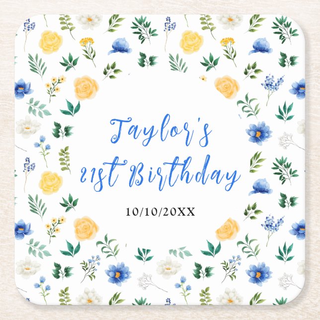 Blue and Yellow Floral Birthday Rechteckiger Pappuntersetzer (Vorderseite)