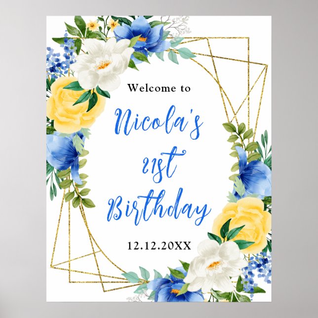 Blue and Yellow Floral Birthday Welcome Poster (Vorne)