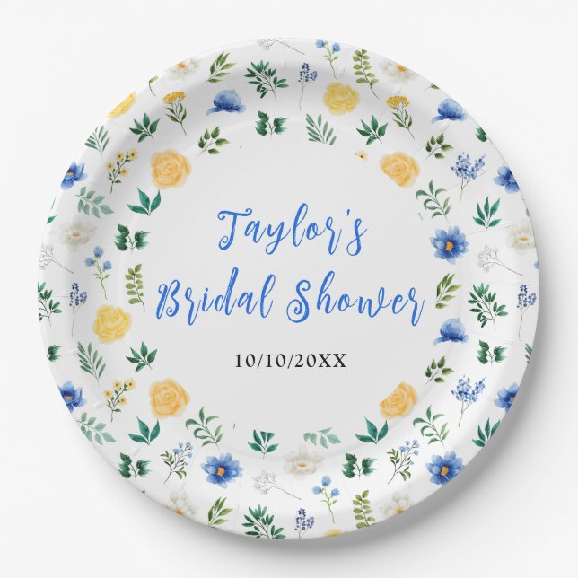 Blue and Yellow Floral Bridal Shower Pappteller (Vorderseite)