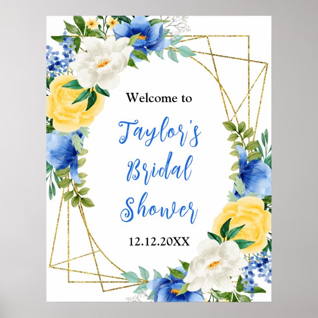 Blue and Yellow Floral Bridal Shower Welcome Sign Poster (Vorne)