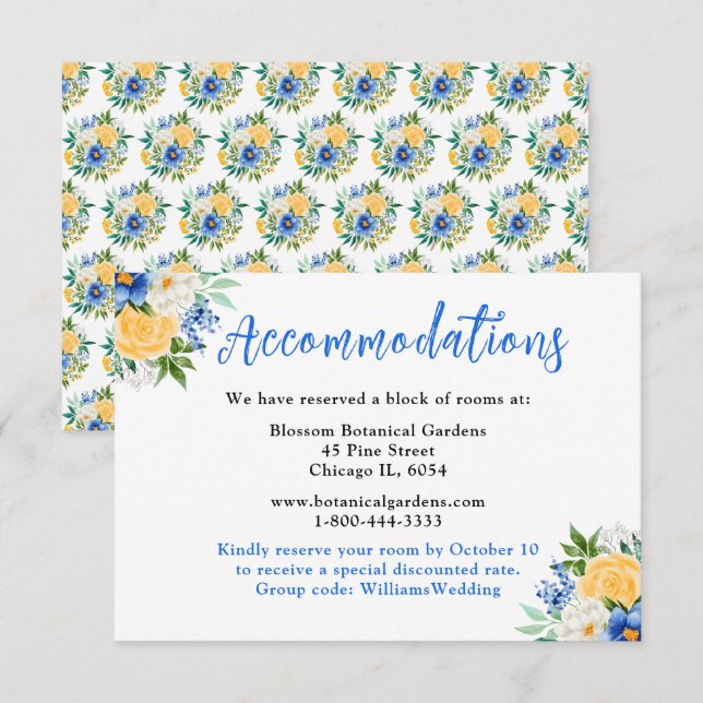Blue and Yellow Floral Wedding Accommodations Begleitkarte (Vorne/Hinten)