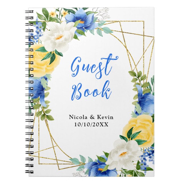Blue and Yellow Floral Wedding Guest Book Notizblock (Vorderseite)