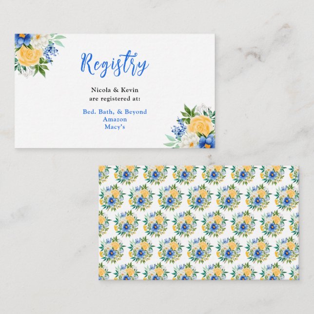 Blue and Yellow Floral Wedding Registry Begleitkarte (Vorne/Hinten)