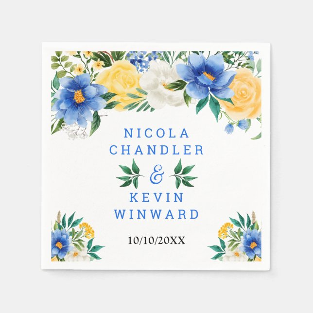 Blue and Yellow Floral Wedding Serviette (Vorderseite)