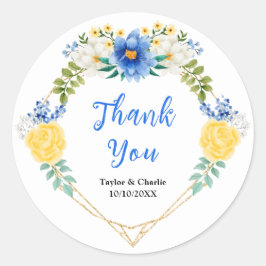Blue and Yellow Floral Wedding Thank You Runder Aufkleber