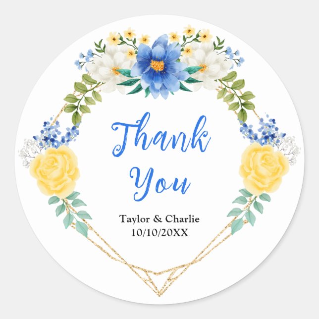 Blue and Yellow Floral Wedding Thank You Runder Aufkleber (Vorderseite)