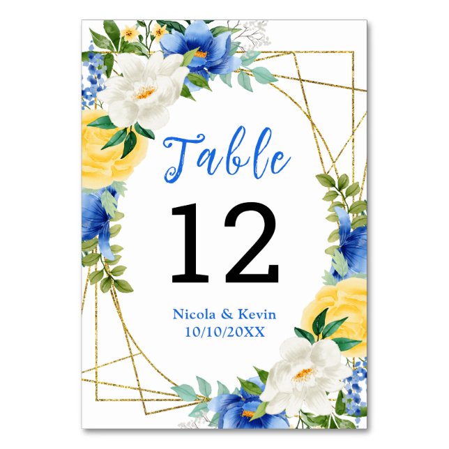 Blue and Yellow Floral Wedding Tischnummer (Vorderseite)