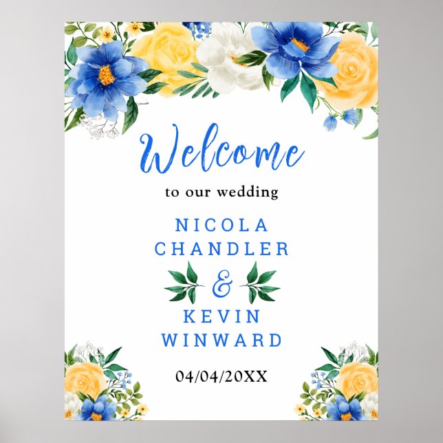 Blue and Yellow Floral Wedding Welcome Sign Poster (Vorne)