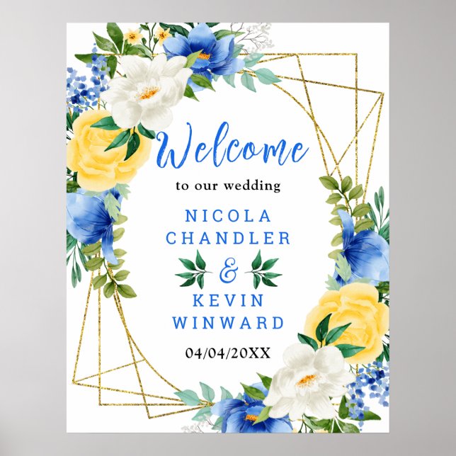 Blue and Yellow Floral Wedding Welcome Sign Poster (Vorne)