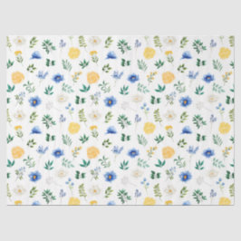 Blue and Yellow Flowers with Foliage Pattern Seidenpapier