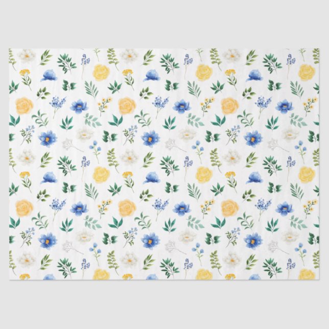 Blue and Yellow Flowers with Foliage Pattern Seidenpapier (Vorderseite)