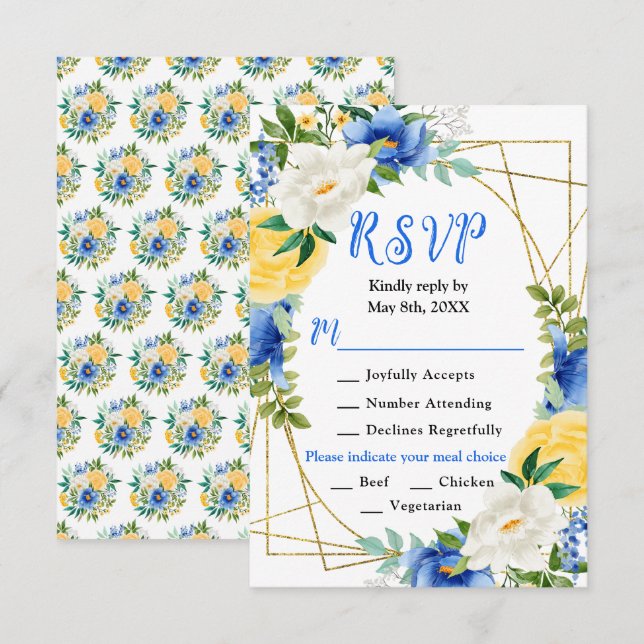 Blue and Yellow Flowers with Foliage Wedding RSVP Karte (Vorne/Hinten)