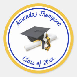 Blue and Yellow Graduation Cap and Tassel Runder Aufkleber