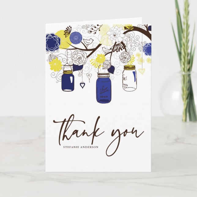 Blue and Yellow Mason Jars Wedding Dankeschön Card Dankeskarte (Vorderseite)