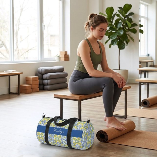 Blue and Yellow Mediterranean Tile Pattern Duffle Bag (Mediterranean Blue Citrus Lemon Tile Pattern Duffle Bag)