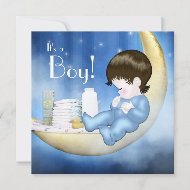 Blue and Yellow Moon Baby Boy Dusche Einladung (Vorderseite)