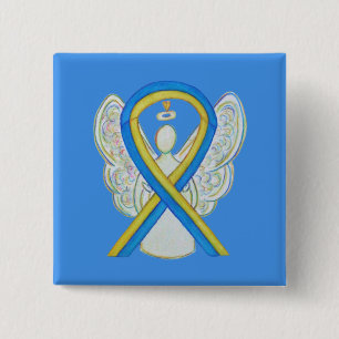 Blue and Yellow Ribbon Awareness Angel Custom Butt Button