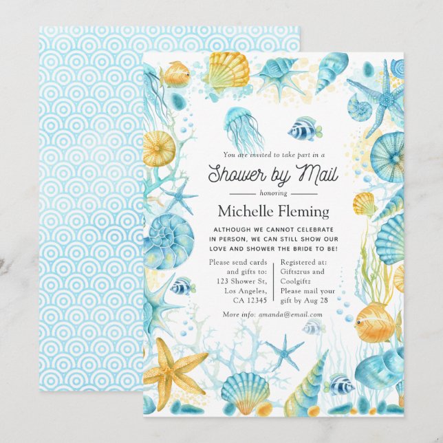 Blue and Yellow Sea Life Dusche by Mail Einladung (Vorne/Hinten)