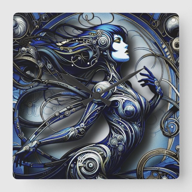 Blue Android Girl 1 Quadratische Wanduhr (Vorderseite)
