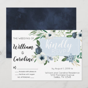 Blue Anemone Floral Wedding RSVP Response Card Einladung